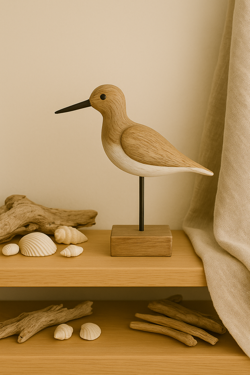 Wood Sandpiper Bird Shelf Sitter Natural Coastal Décor with White Painted Accents