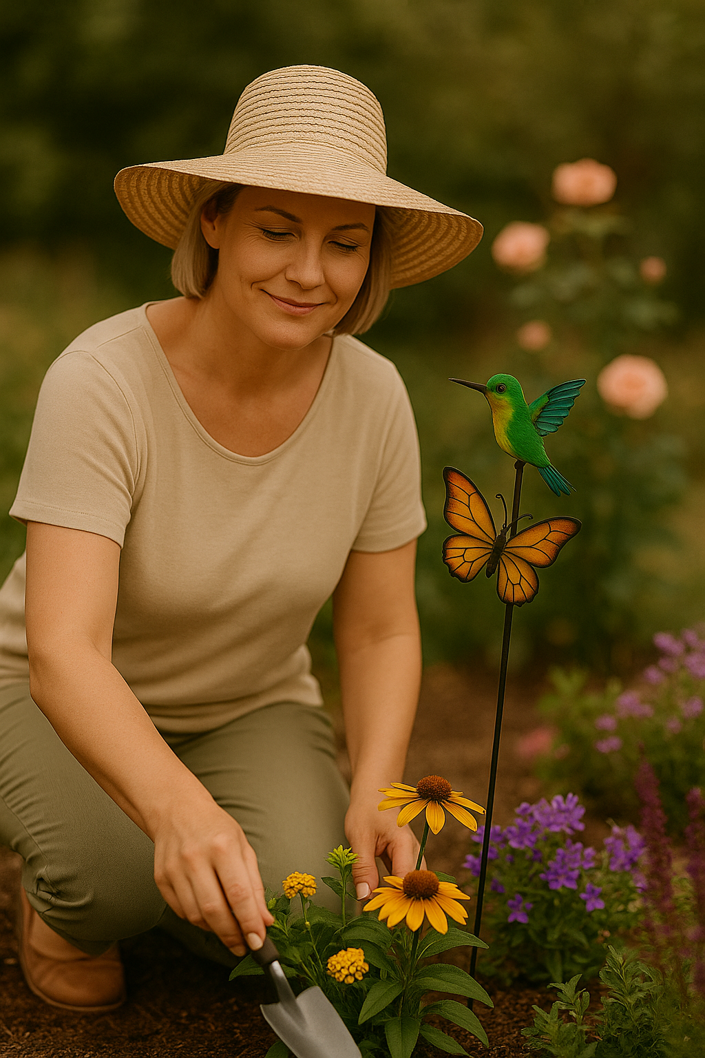 Butterfly & Hummingbird Wind Spinner Garden Stakes Graceful Motion for Nana's Garden